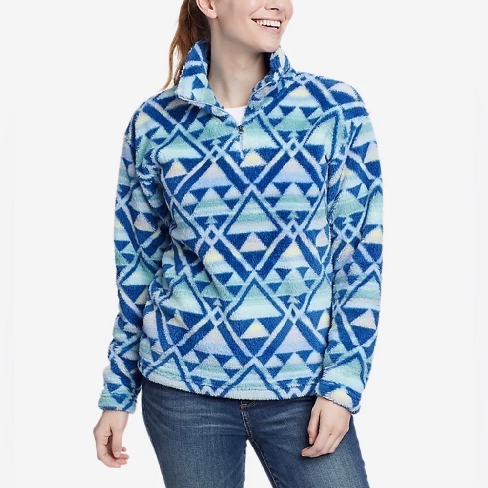 Eddie Bauer Women's Quest Plush Blue White Triangle Tree Print 1/4-Zip Size XS